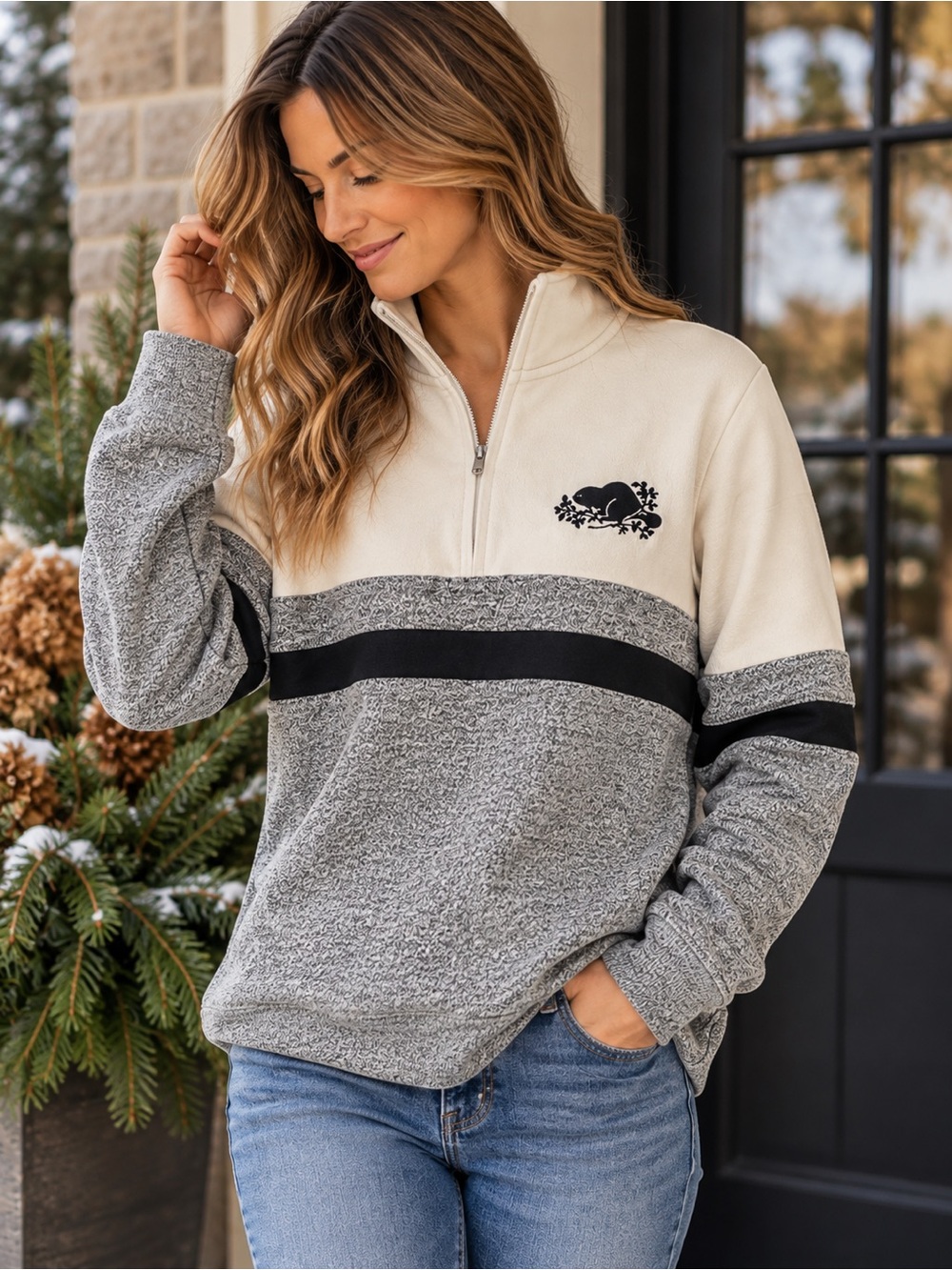 Roots Beaver Logo Colourblock Quarter Zip Pullover Sweatshirt M Black White